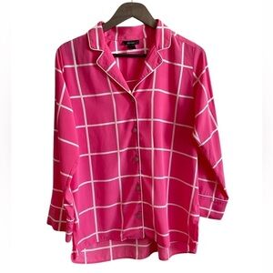 Natori Women Pink Button Up Sleepwear Shirt Size S Windowpane Print Long Sleeve